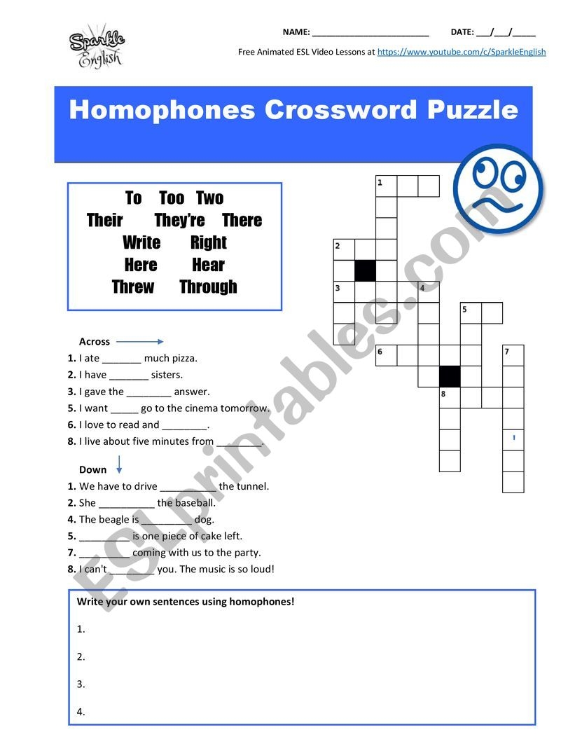 Homophones U0026 Homonyms Crossword Puzzle Fill in the Blanks And Sentence Writing ESL Worksheet By SparkleEnglish