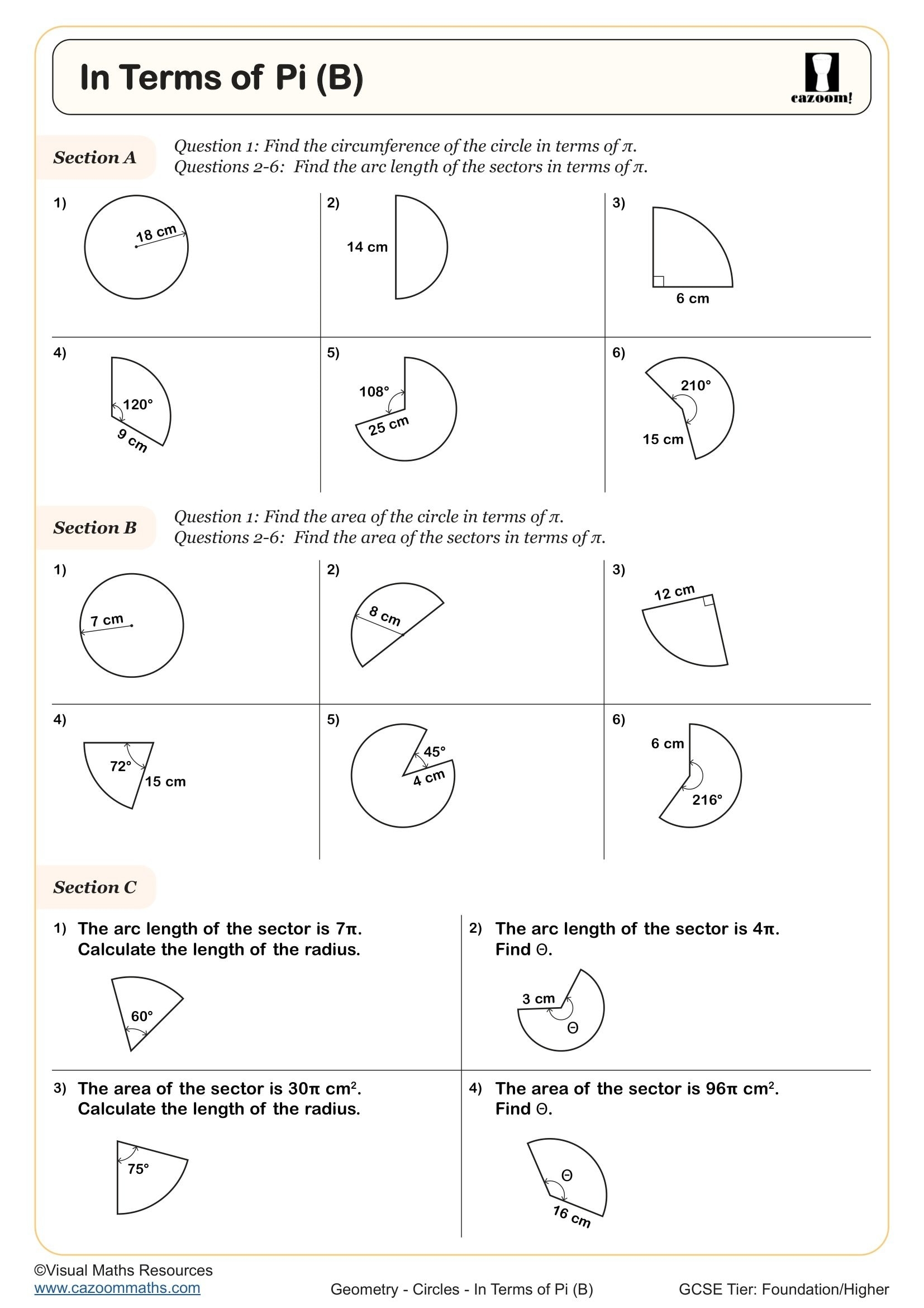 In Terms Of Pi B Worksheet Printable PDF Year 9 And Year 10 Geometry Worksheet