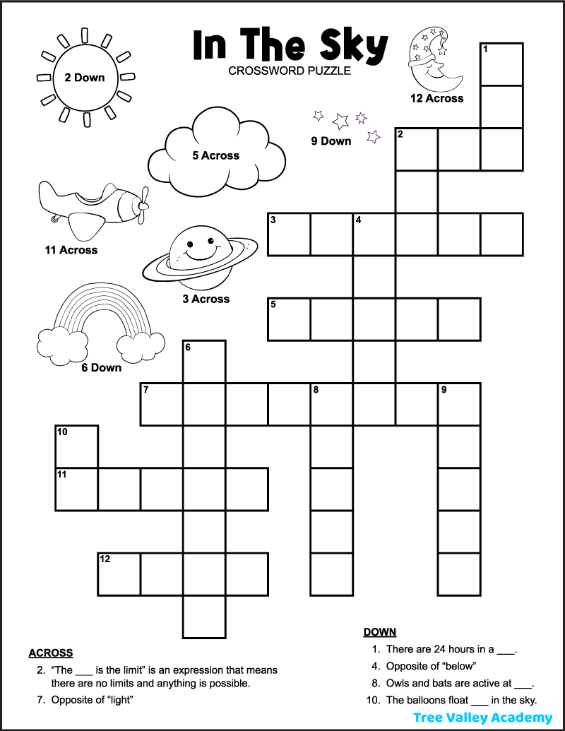 In The Sky Crossword Puzzle For Kids Tree Valley Academy Worksheets Library