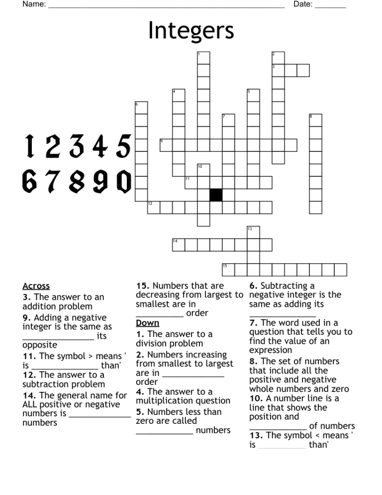 Integers Crossword WordMint