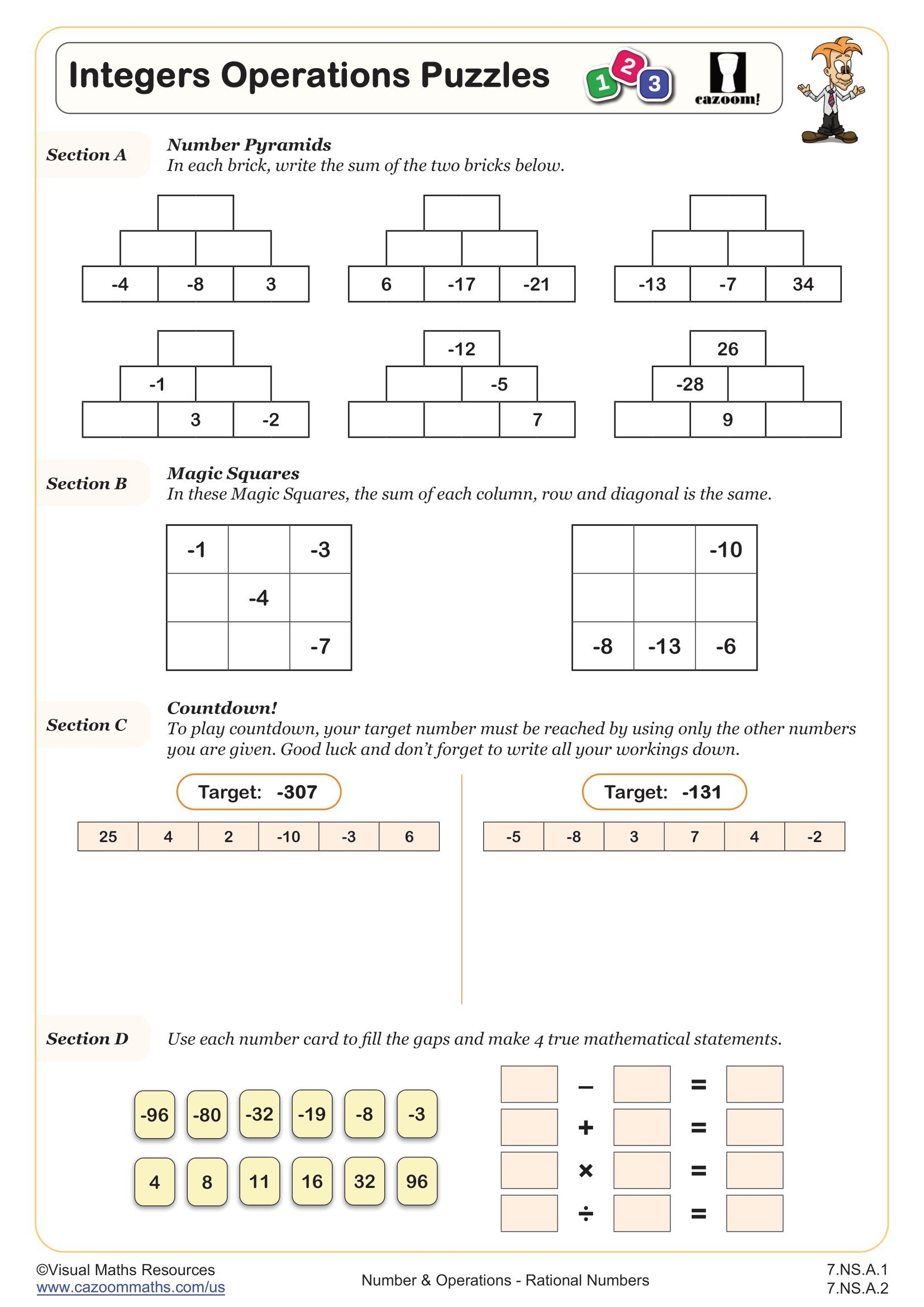 Integers Operations Puzzles Worksheet PDF Printable Number