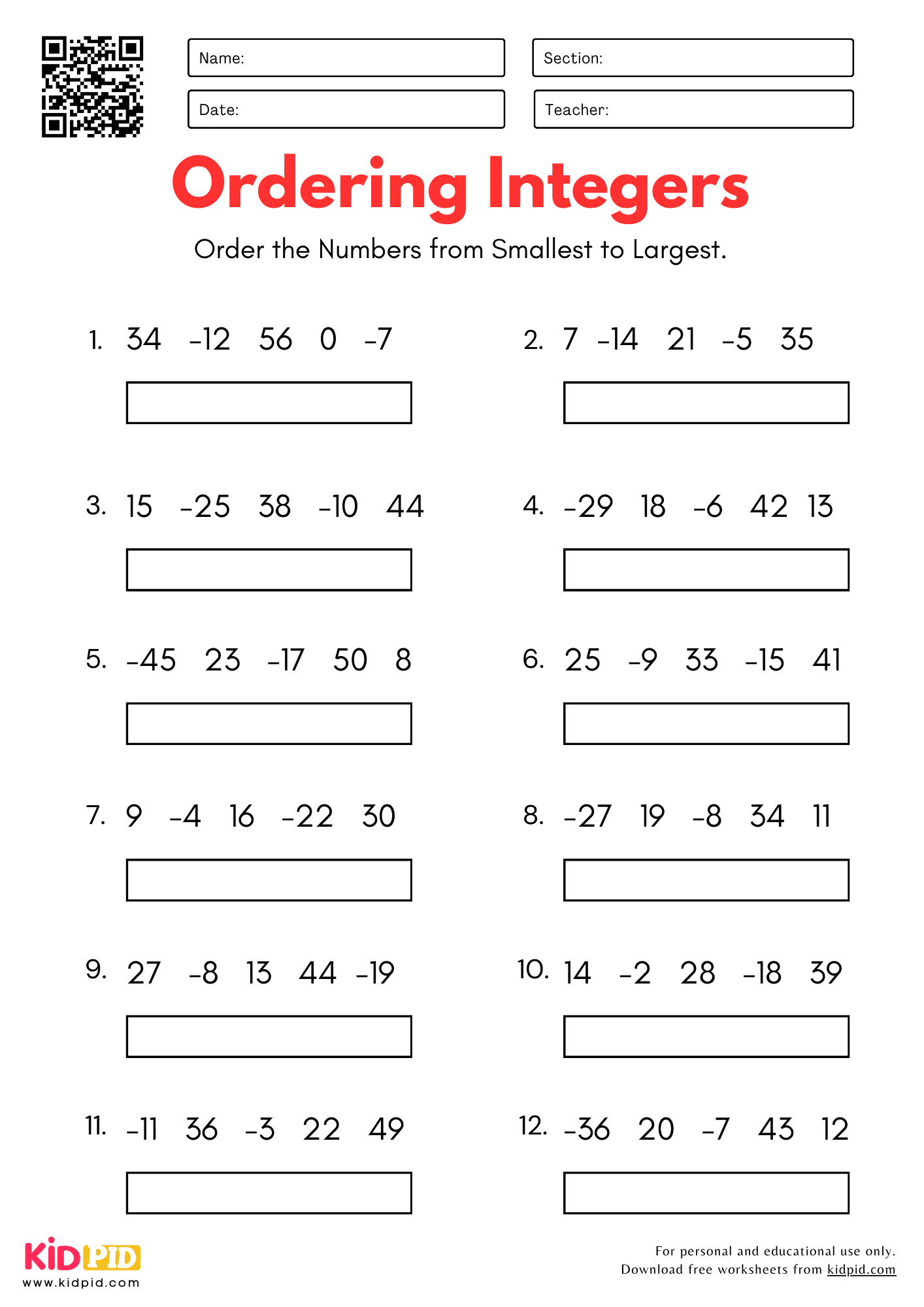 Grade 7 Free Integer Puzzle Worksheets