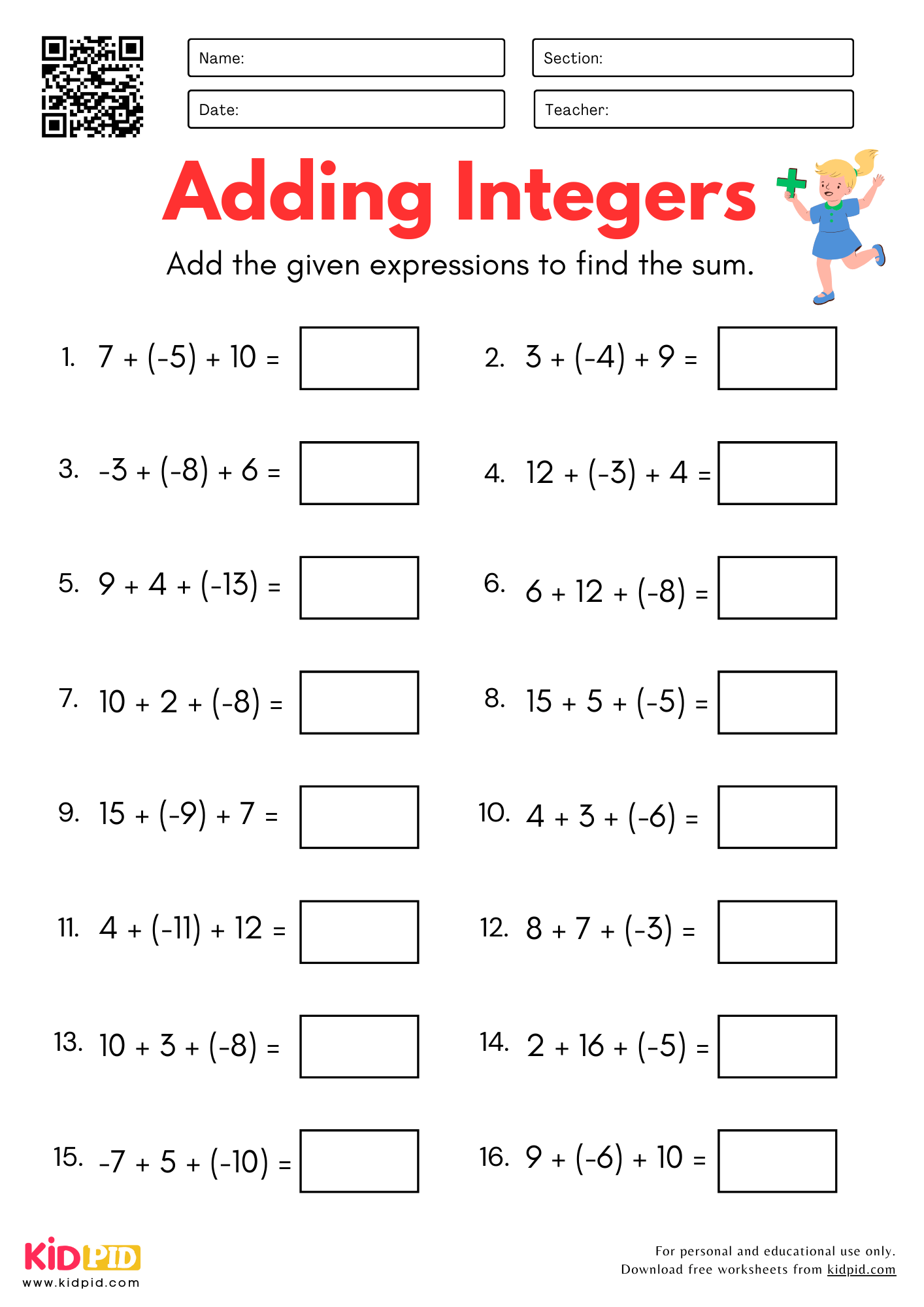 Integers Worksheet For Grade 5 Kidpid