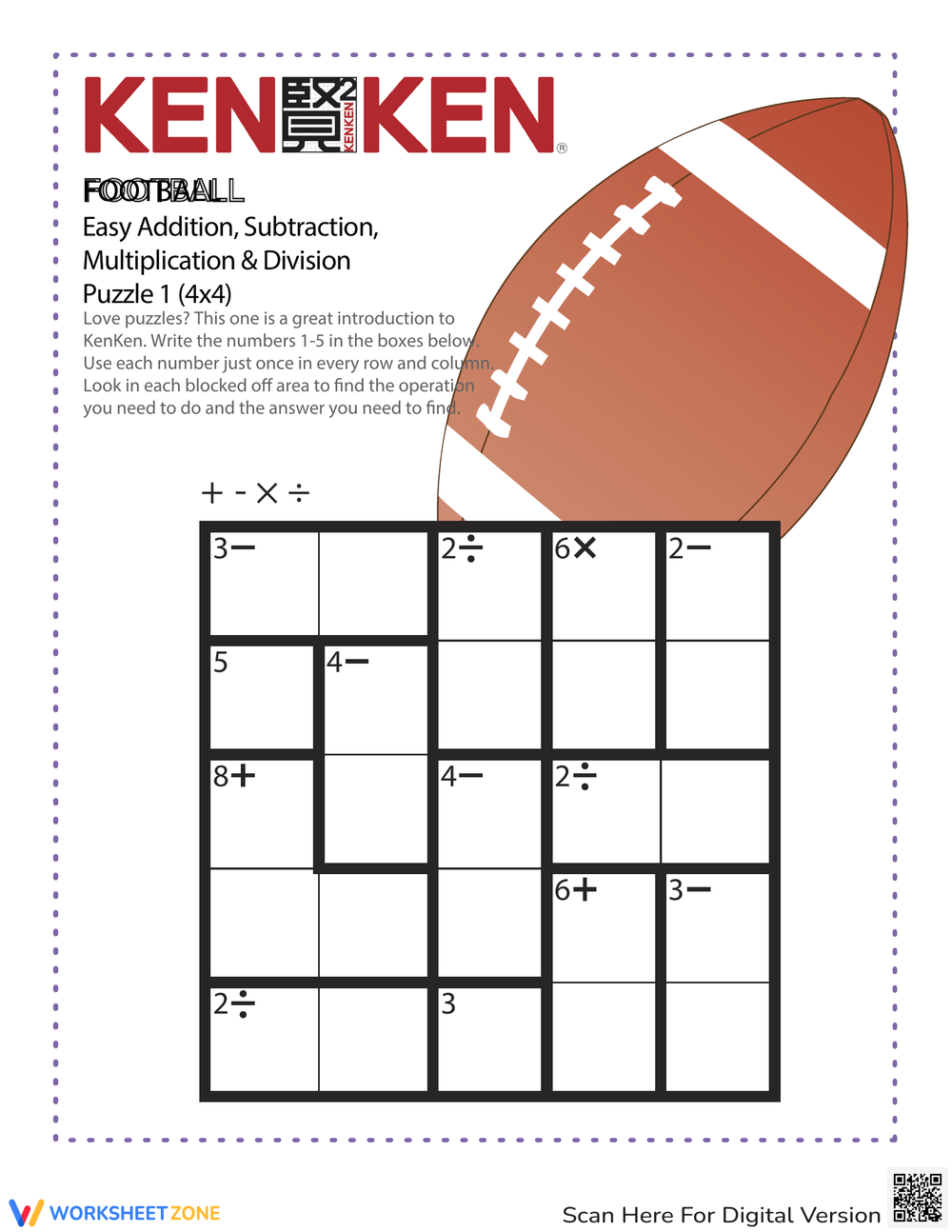 KenKen Puzzle Math Challenge Worksheet