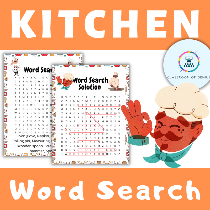 Kitchen Word Search Puzzle Cooking Terms Vocabulary Worksheet 