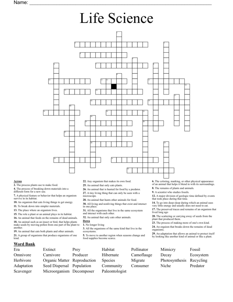 Life Science Crossword WordMint