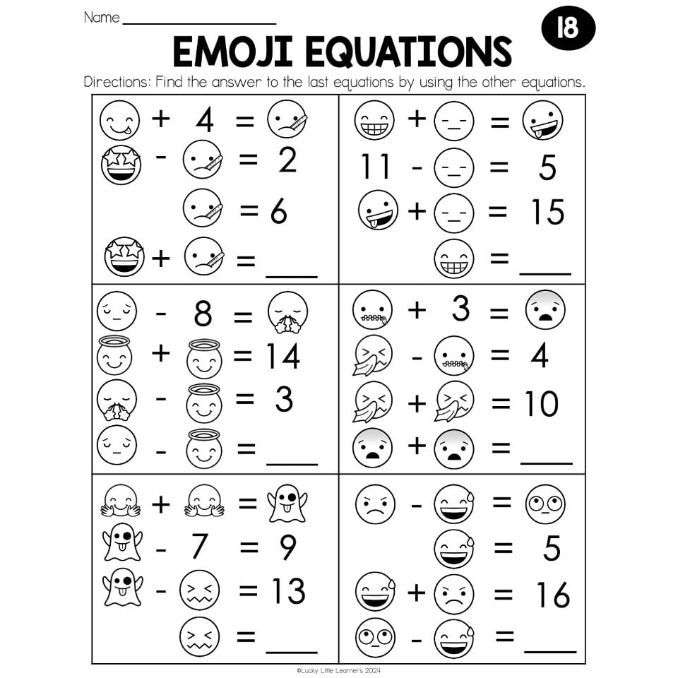 Logic Puzzle Emoji Equations Addition Subtraction Within 20 18 Lucky Little Learners