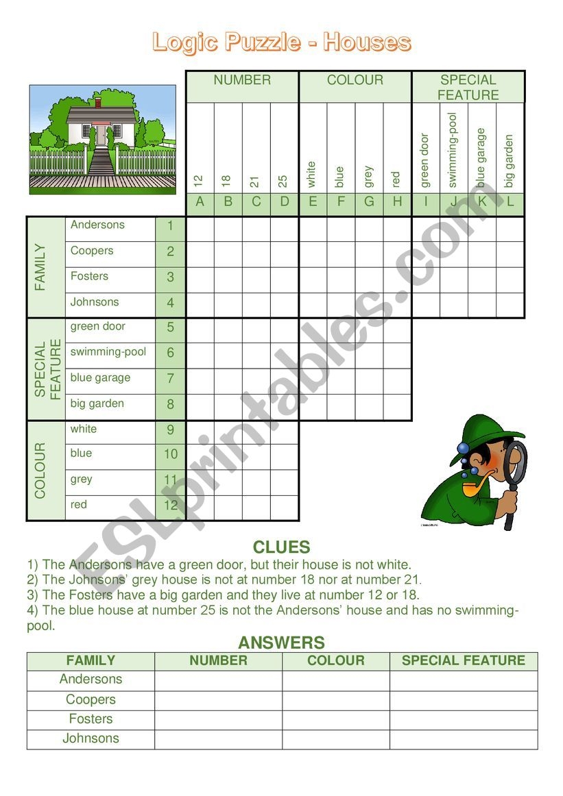 Logic Puzzle Game Houses ESL Worksheet By Pierreroset