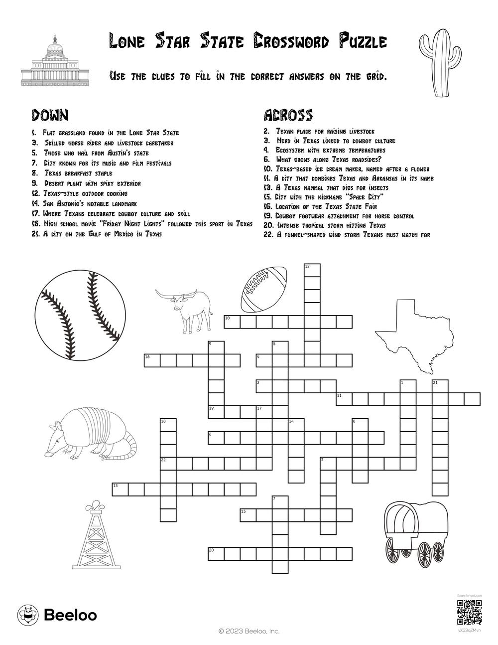 Lone Star State Crossword Puzzle Beeloo Printable Crafts And 