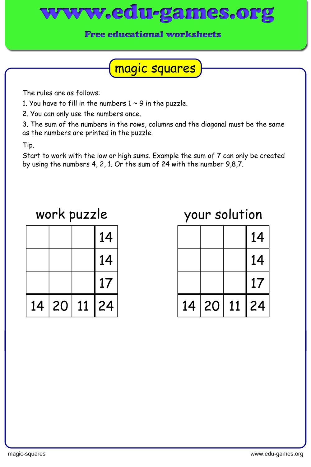 Magic Square Puzzle Worksheets