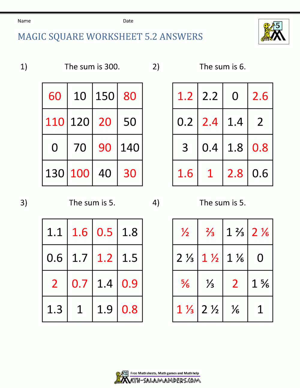 Magic Square Worksheets