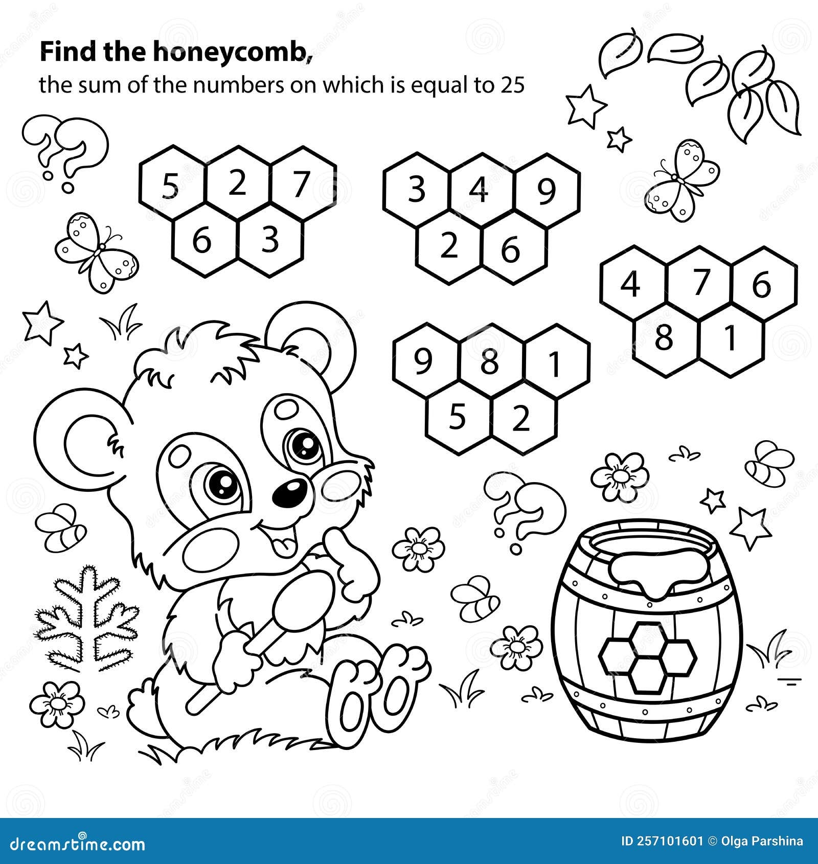 Math Addition Game Puzzle For Kids Coloring Page Outline Of Cartoon Little Bear Cub With Barrel Of Honey Stock Vector Illustration Of Contour Education 257101601