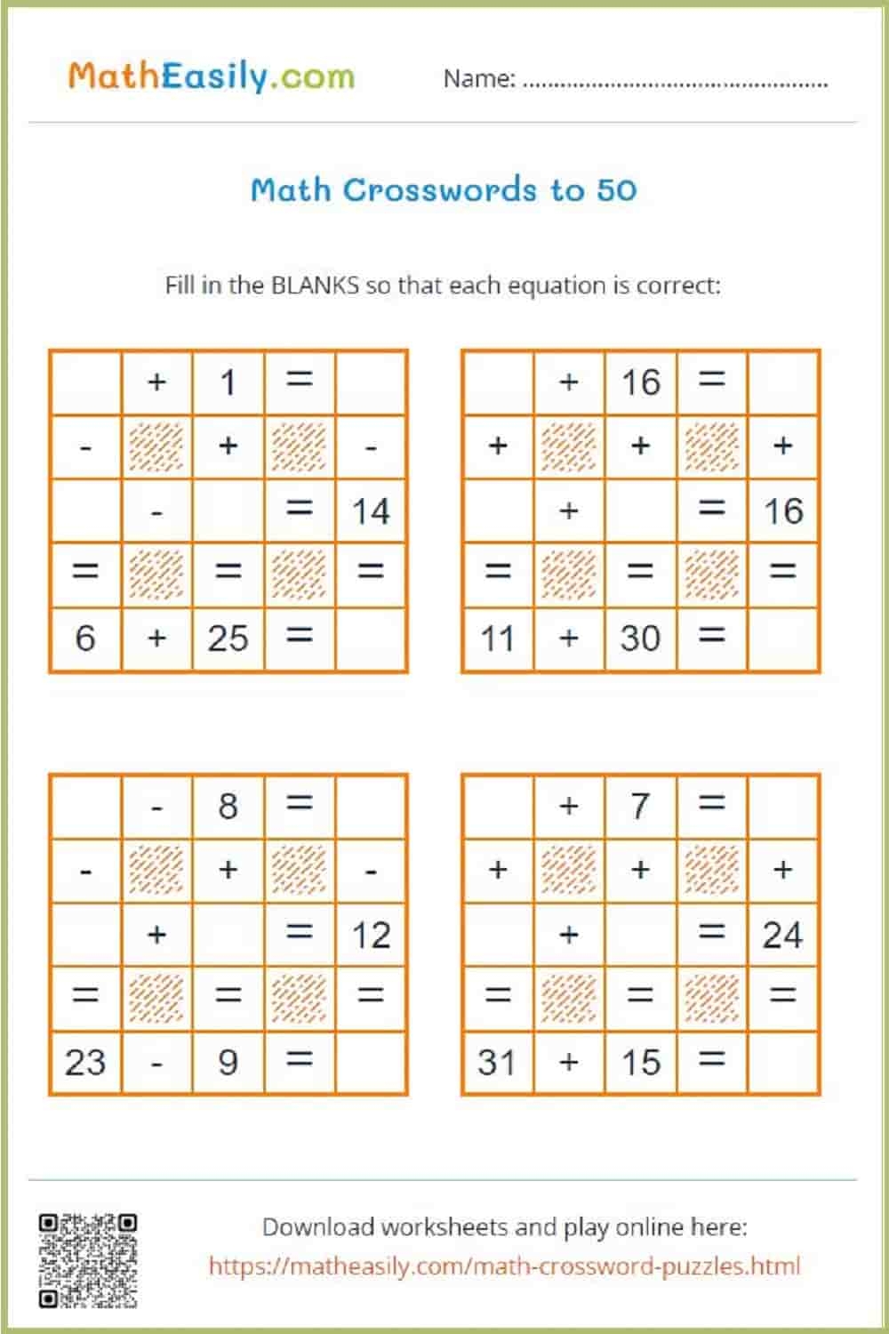 Addition Crossword Puzzle Worksheets