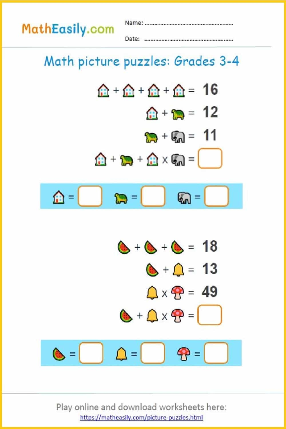 Math Picture Puzzles With Answers ONLINE Printable