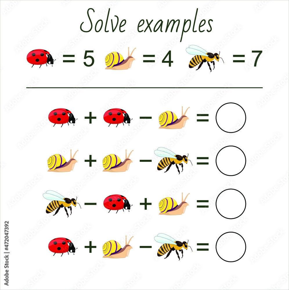 Math Puzzle For Kids Math Game With Bugs For Children Easy Level Education Game For Kids Preschool Worksheet Activity Mathematical Addition Subtraction Solve Examples Stock Vector Adobe Stock