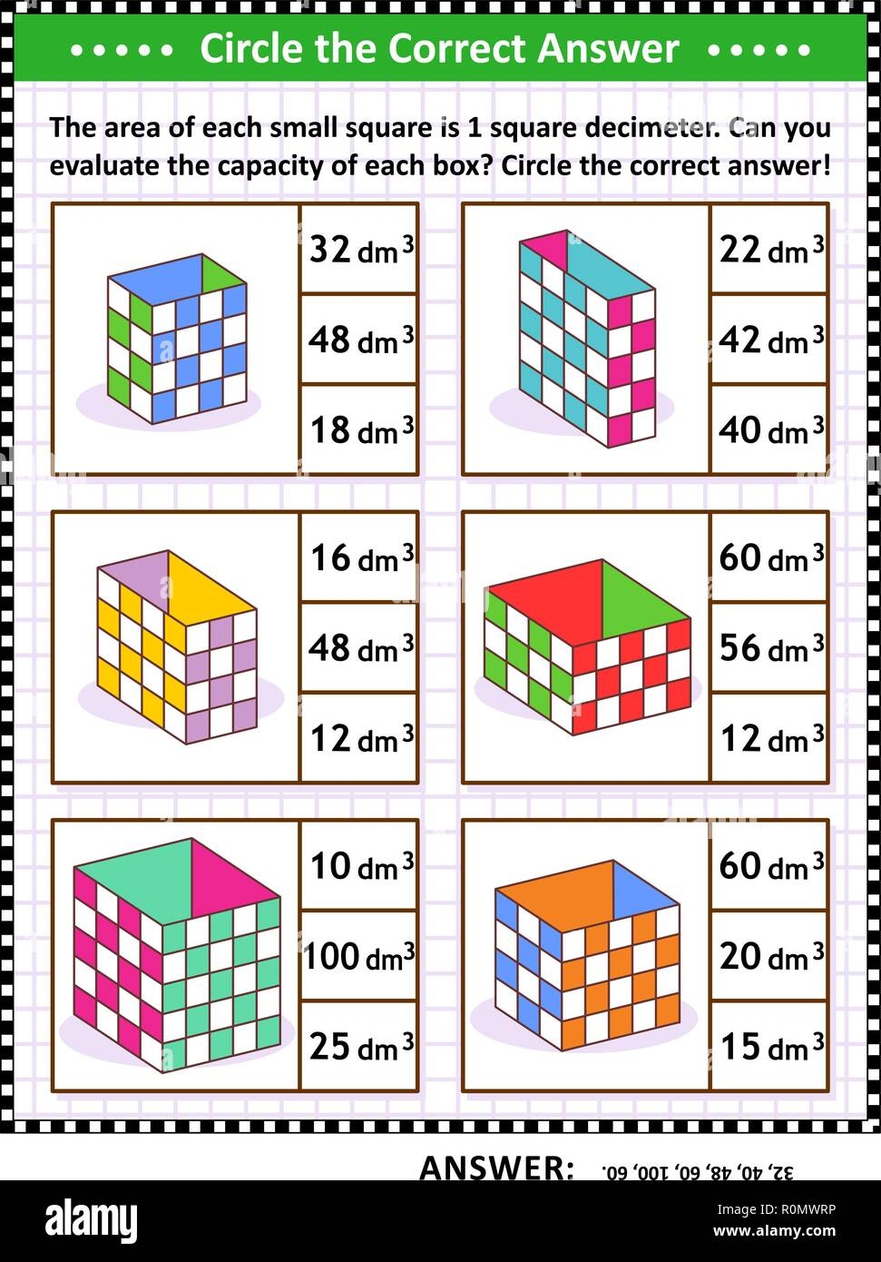 Math Skills And IQ Training Visual Puzzle Or Worksheet Evaluate The Capacity Of Each Box Circle The Correct Answer Answer Included Stock Vector Image U0026 Art Alamy