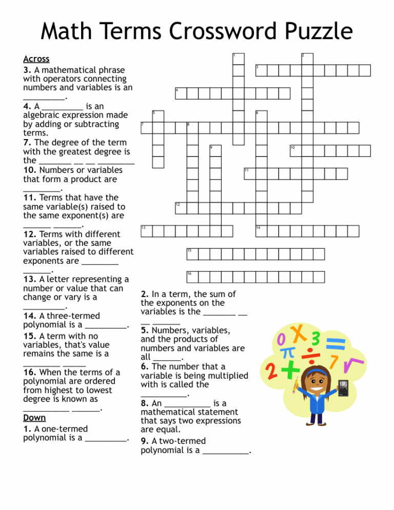 Math Terms Crossword Puzzle WordMint