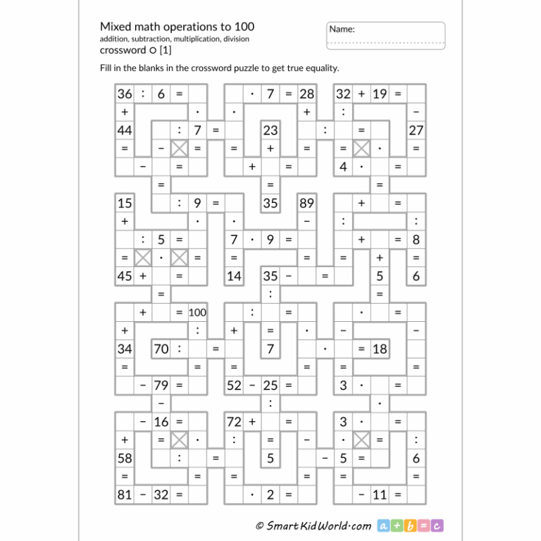 Mixed Math Operations To 100 4 Operations Mixed Math Crossword 