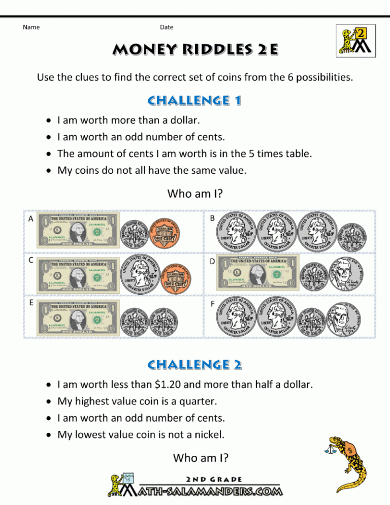 Money Math Worksheets Money Riddles