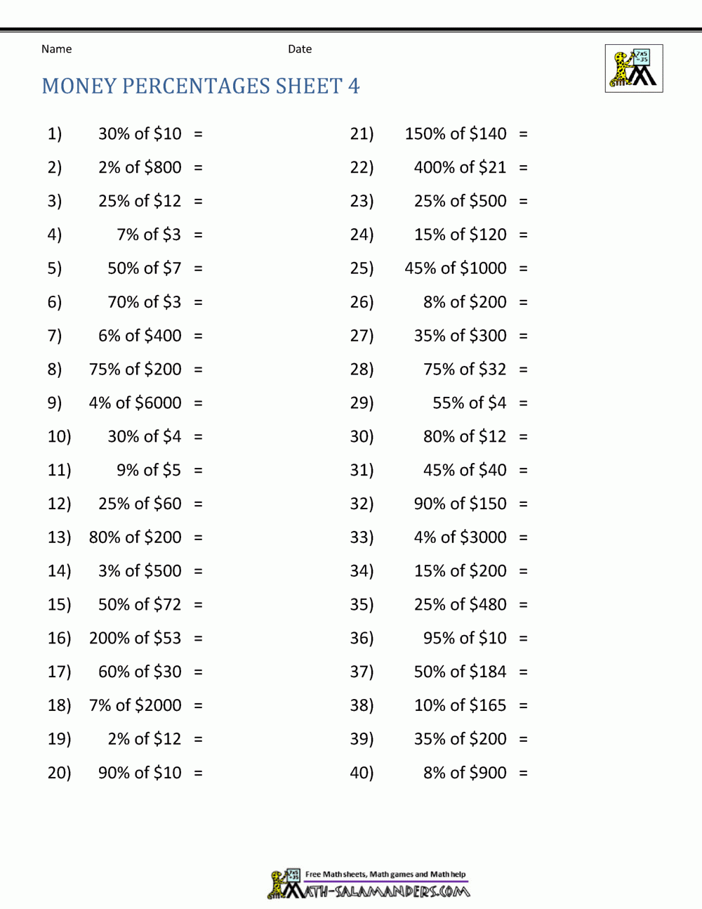 Money Percentage Worksheets