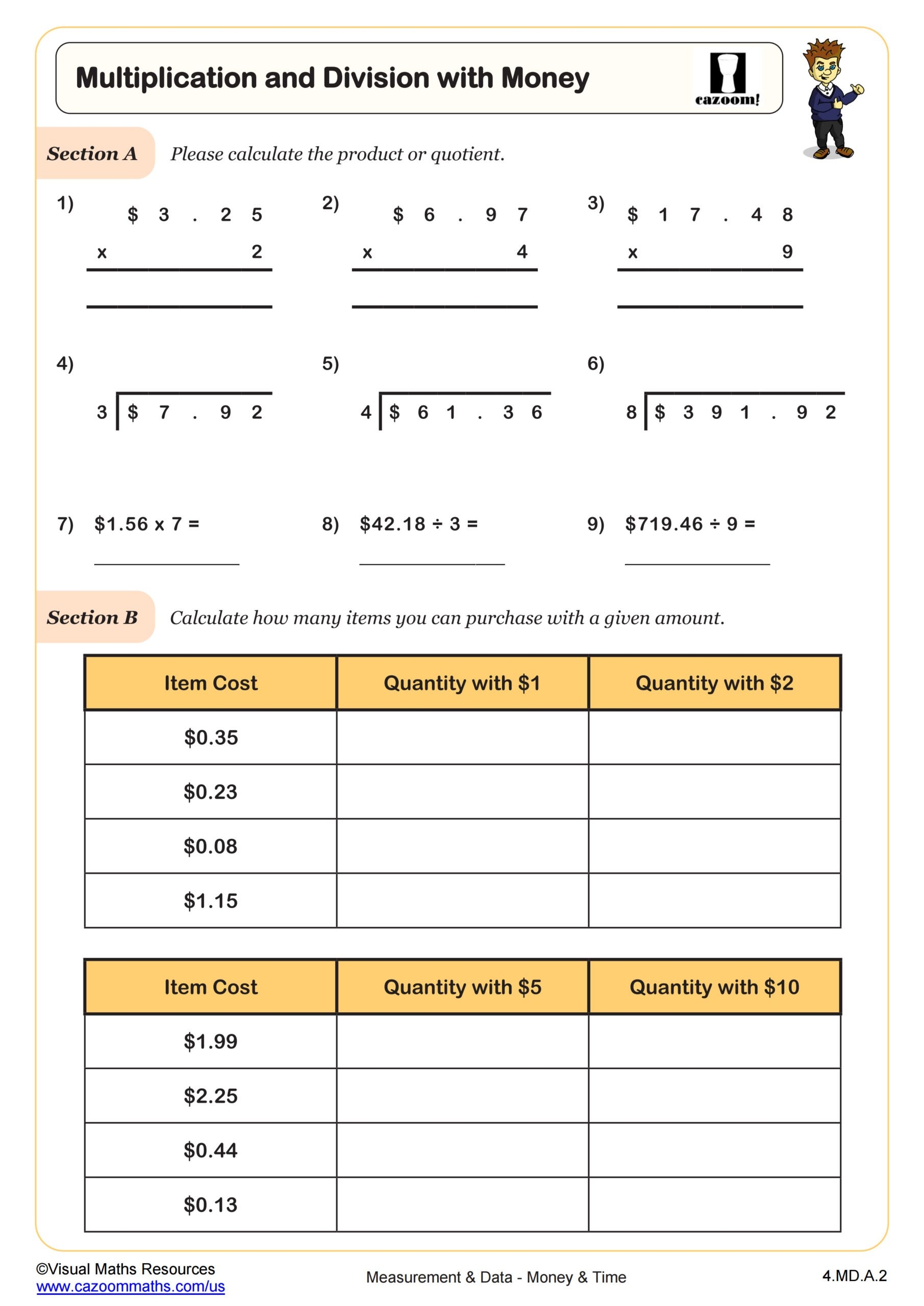 Multiplication U0026 Division With Money Worksheet PDF Printable Measurement U0026 Data Worksheet