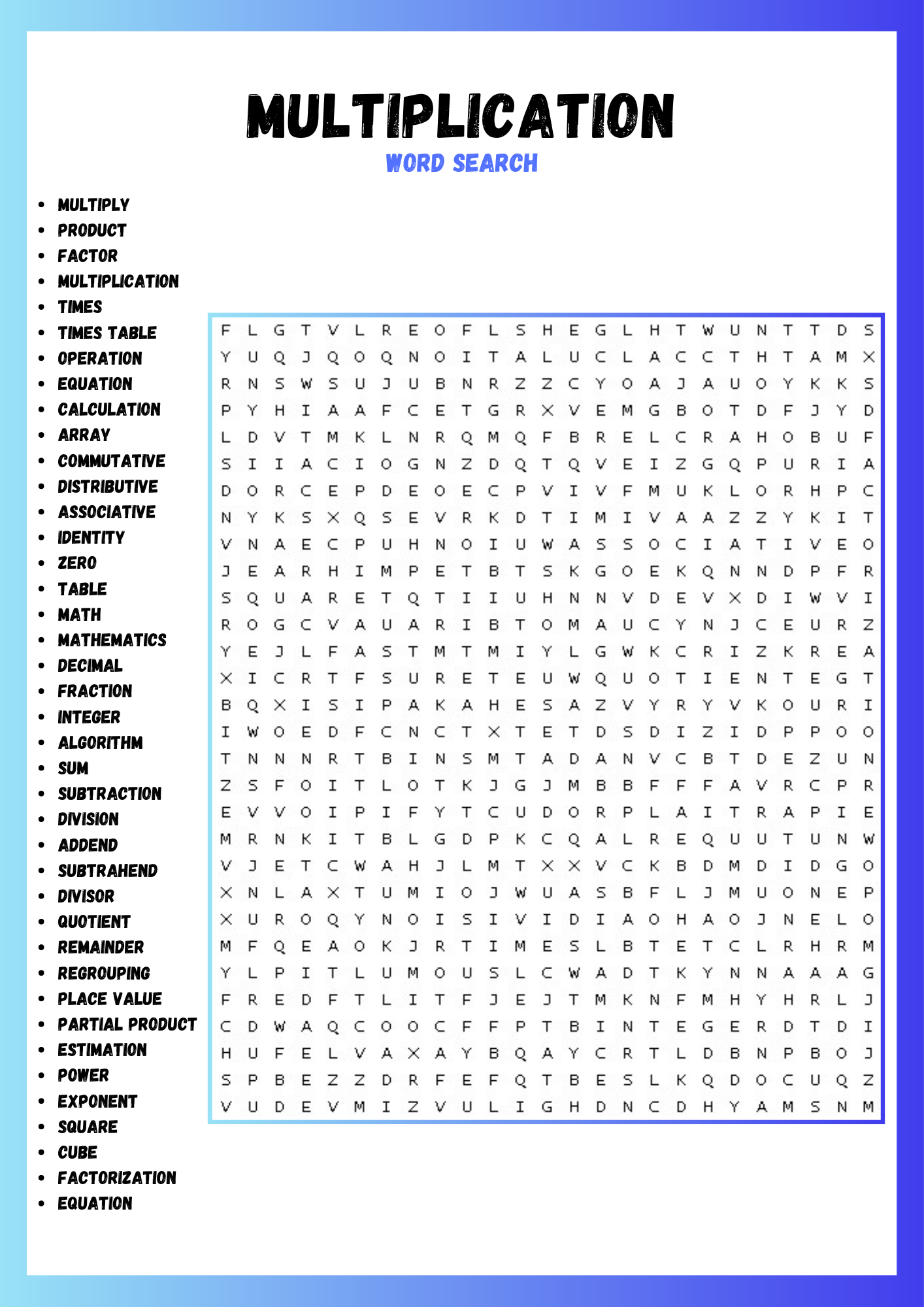 MULTIPLICATION WORD SEARCH PUZZLE WORKSHEET ACTIVITIES BRAIN PUZZLES Made By Teachers