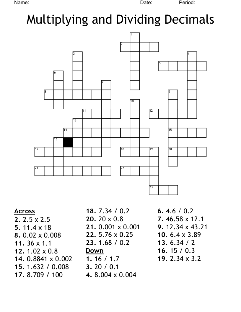 Multiplying And Dividing Decimals Crossword WordMint