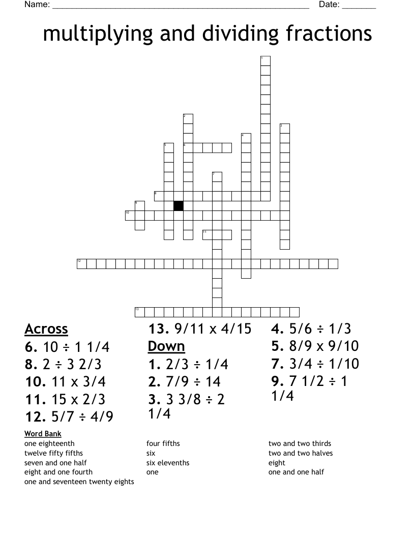 Multiplying And Dividing Fractions Crossword WordMint