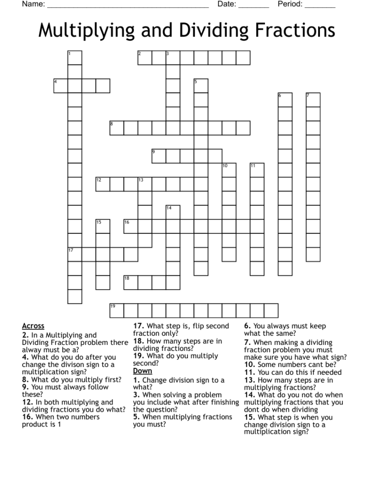 Multiplying And Dividing Fractions Crossword WordMint