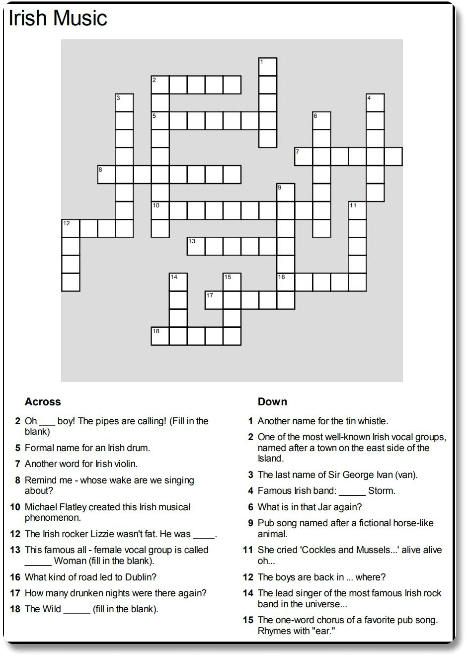 6 Music Worksheets Crossword Puzzles