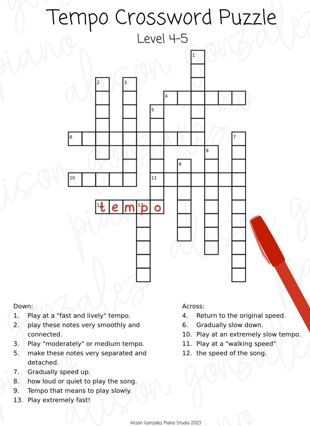 MUSIC CROSSWORD Puzzle Tempo Vocabulary DIGITAL Download Fun Group Class Piano Lesson Activity Fun Music Theory Printable Worksheet Etsy