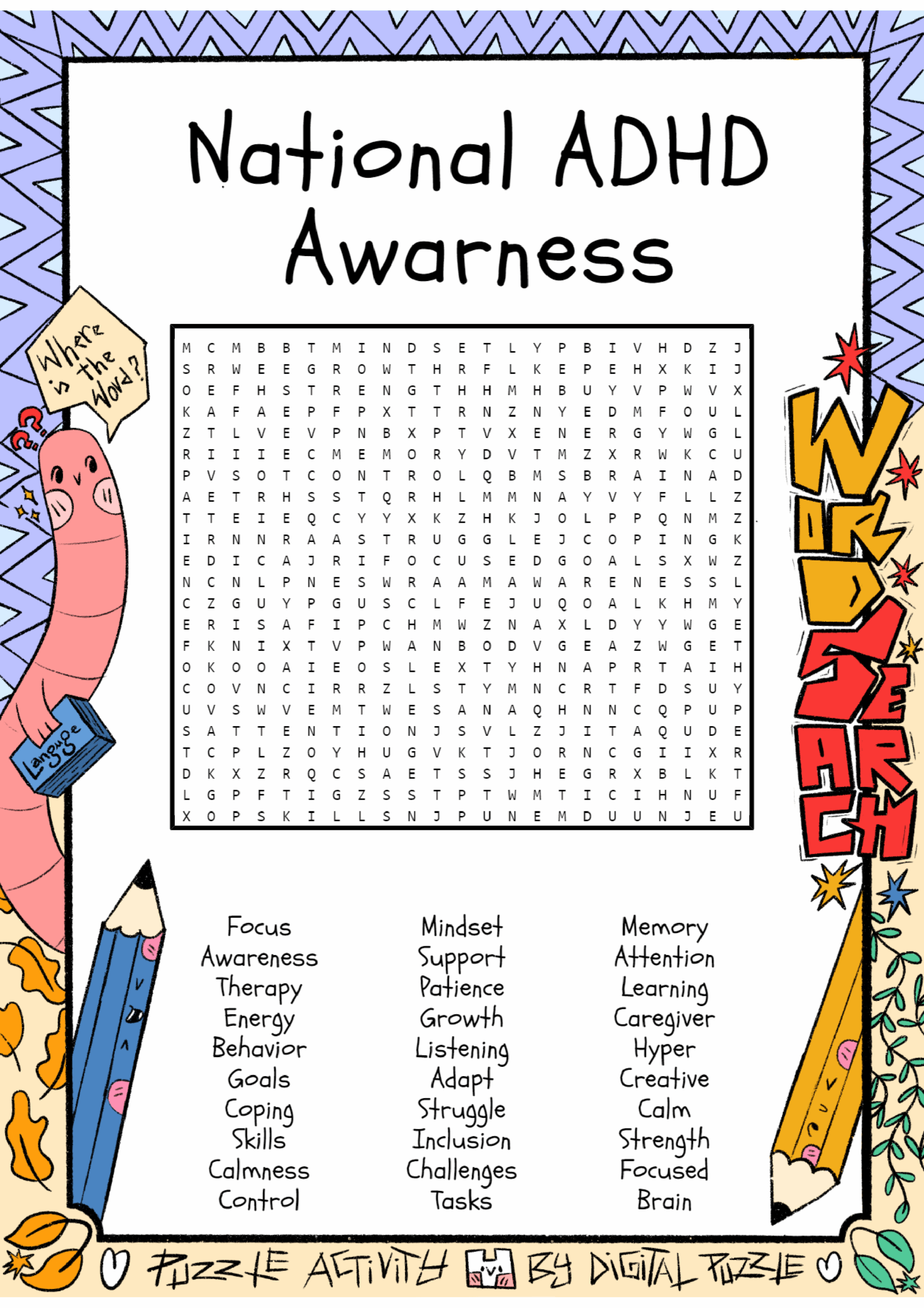 National ADHD Awarness Word Search Puzzle Worksheet Activities 