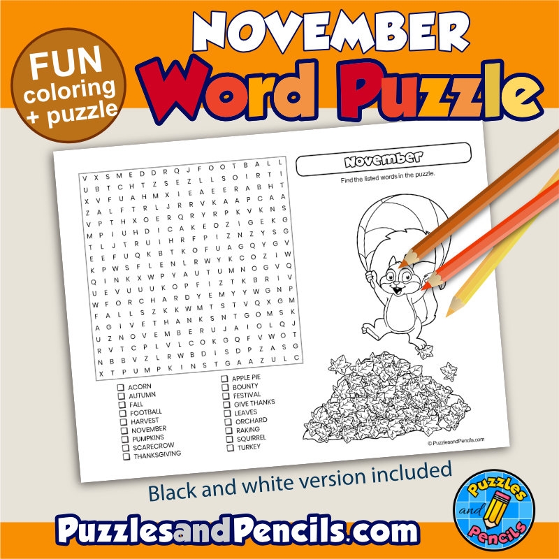 November Word Search Puzzle Activity And Coloring November Wordsearch