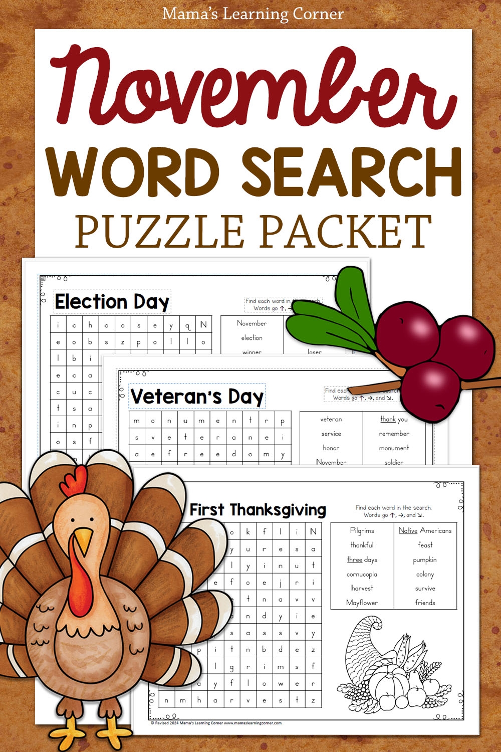 November Word Search Puzzle Packet Mamas Learning Corner