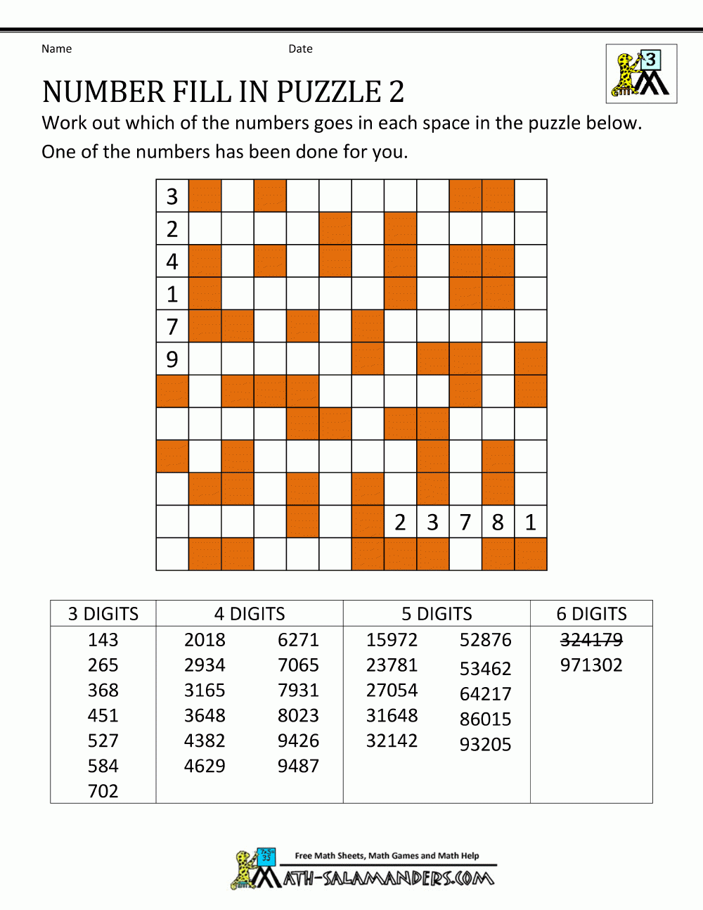 Number Fill In Puzzles Worksheets Library