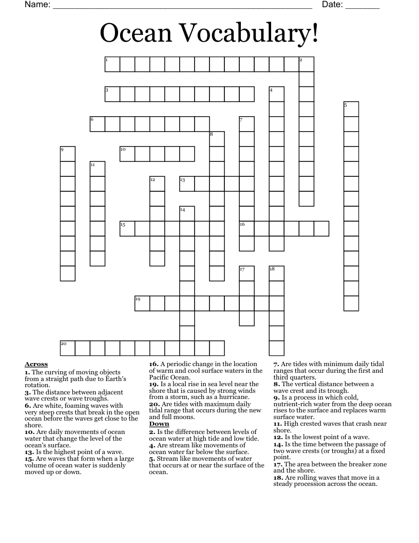 Ocean Crossword Puzzle Worksheets