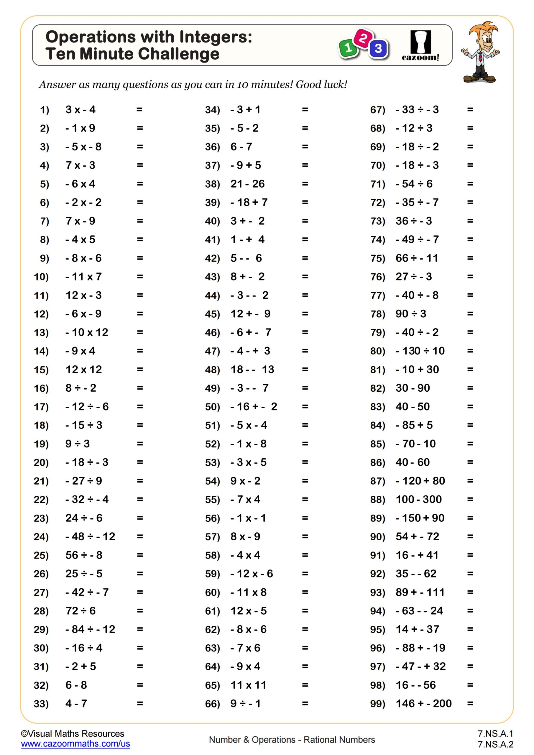 Operations With Integers Ten Minute Challenge Worksheet PDF 