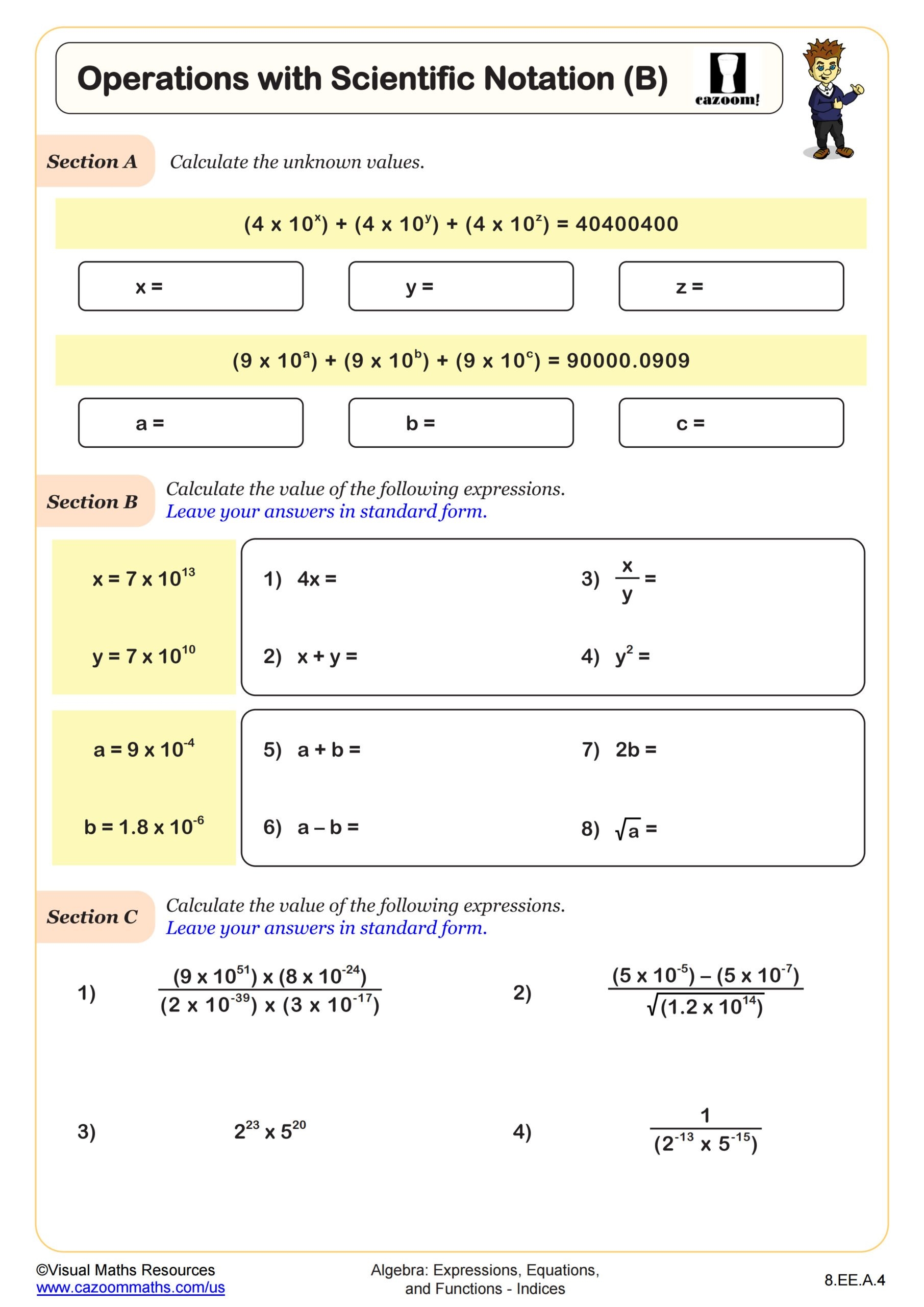 Operations With Scientific Notation B Worksheet PDF Printable Algebra Worksheet