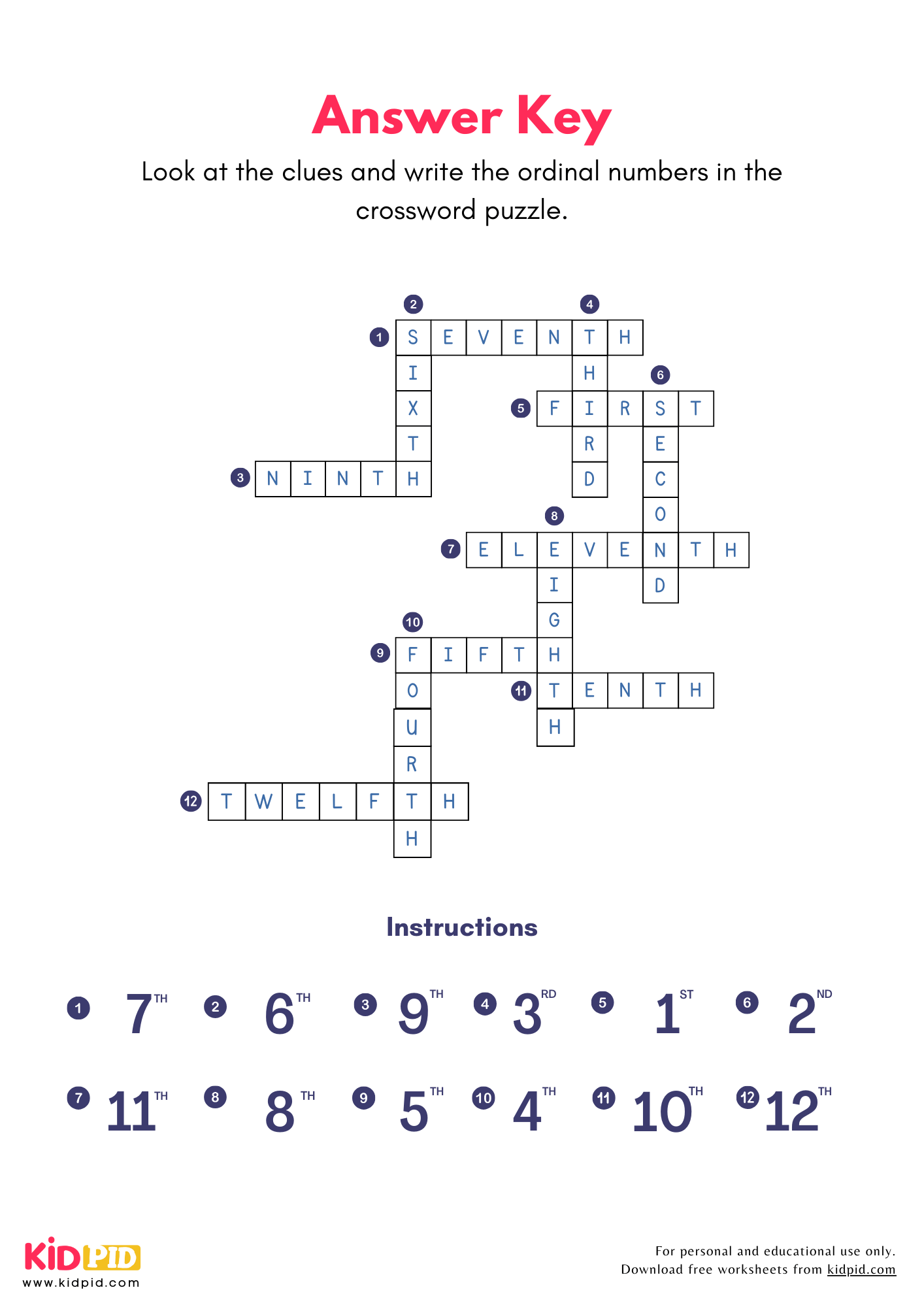 Ordinal Numbers Crossword Puzzle Worksheets For Grade 1