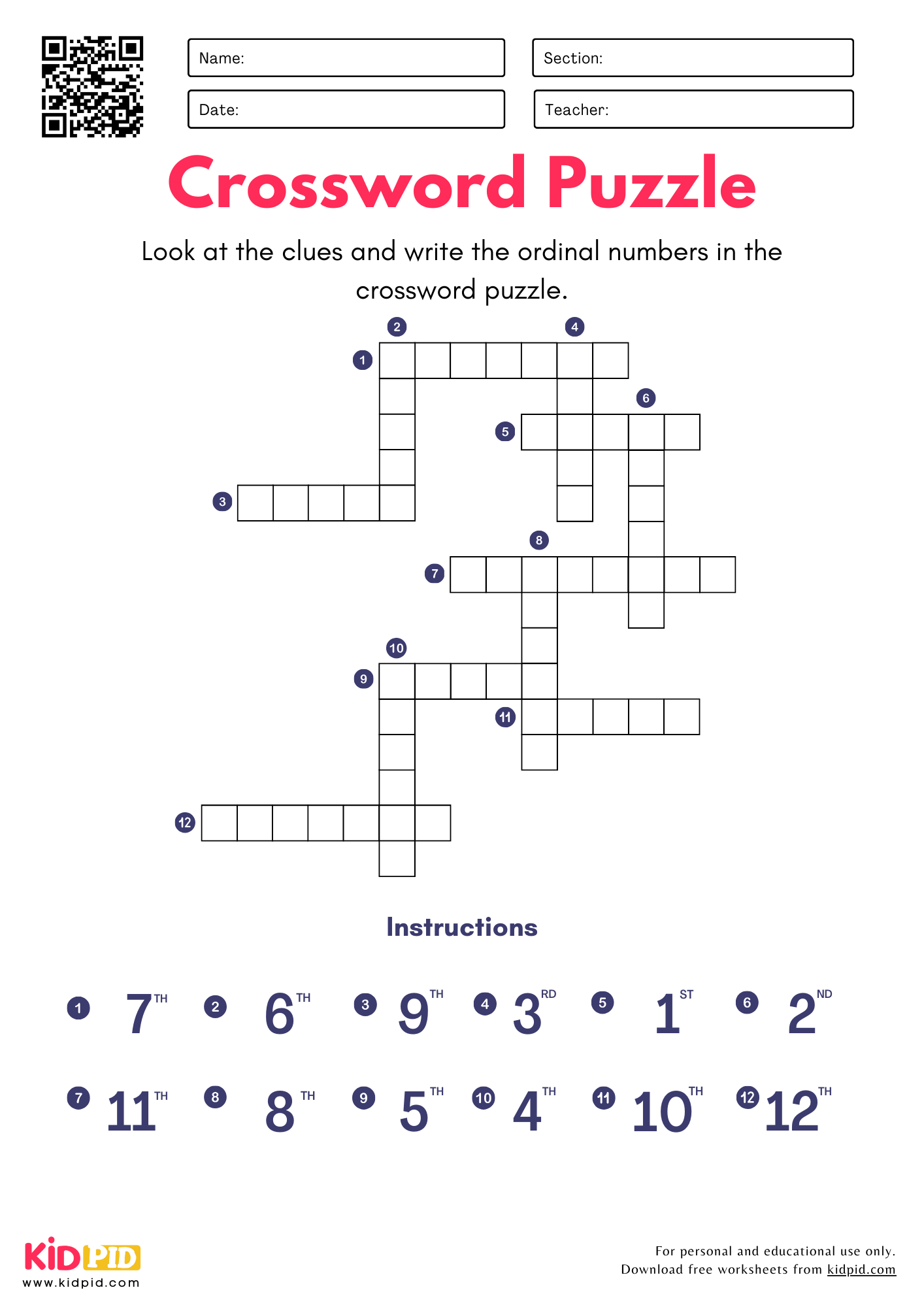 Ordinal Numbers Crossword Puzzle Worksheets For Grade 1