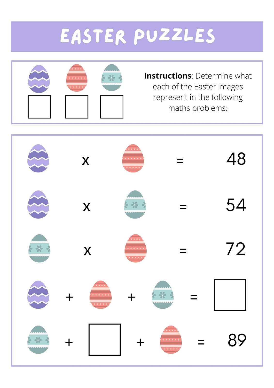 Easter Maths Puzzle Worksheets