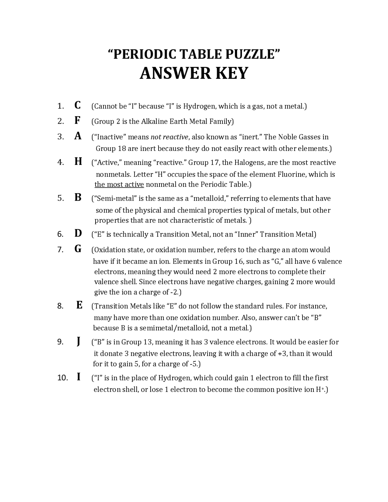 Periodic Table Puzzle Summaries Chemistry Docsity