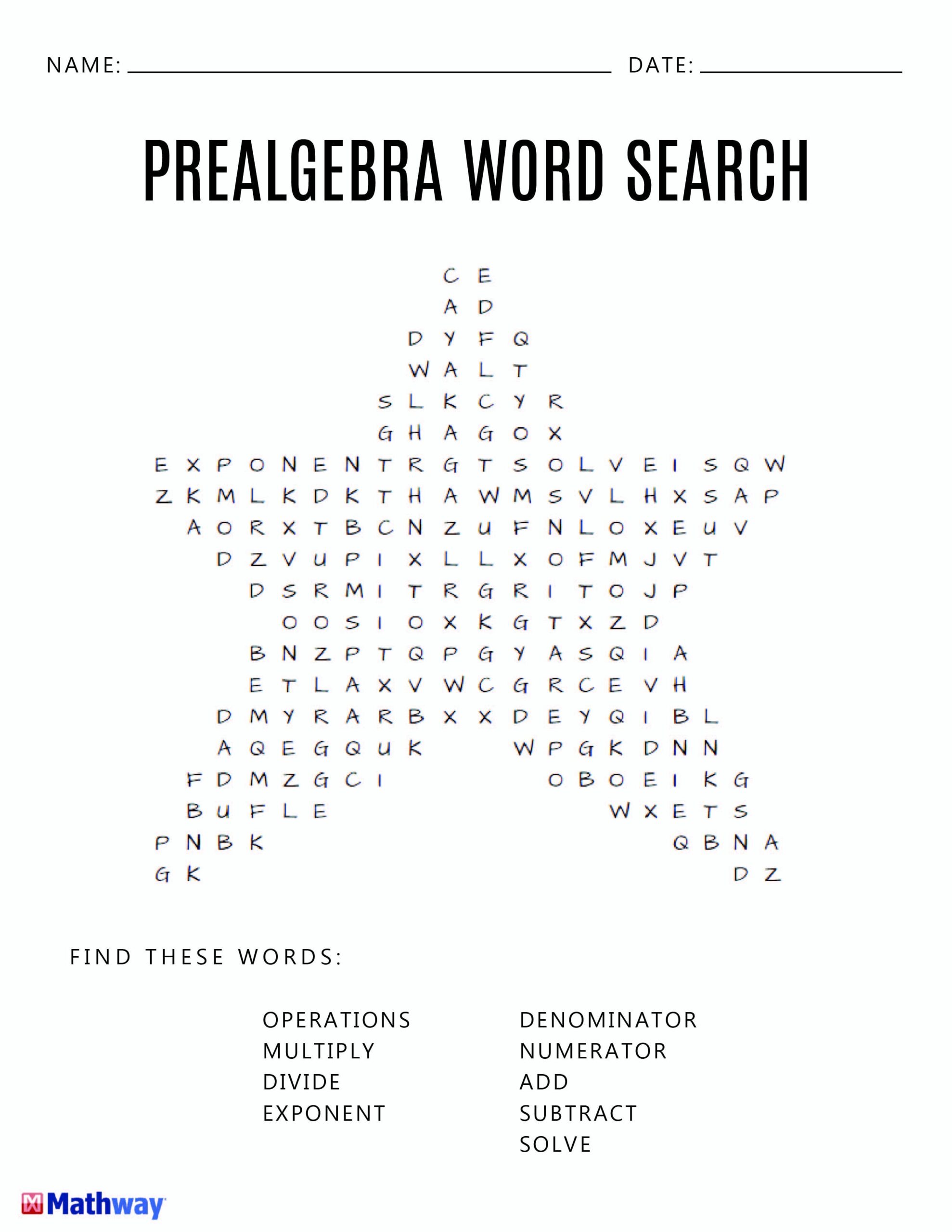Pre Algebra Star Word Search Activity A Good Filler Activity To 