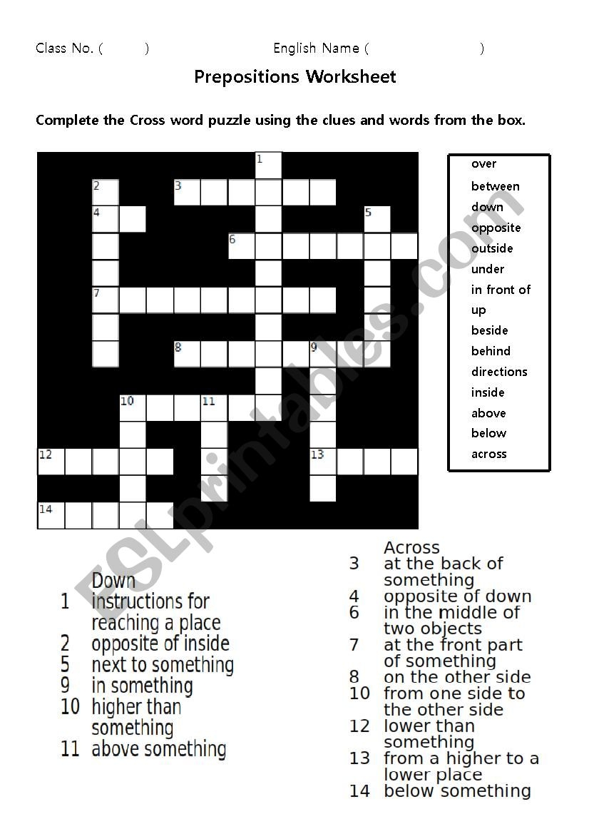 Prepositions Crossword Puzzle ESL Worksheet By Footballfan