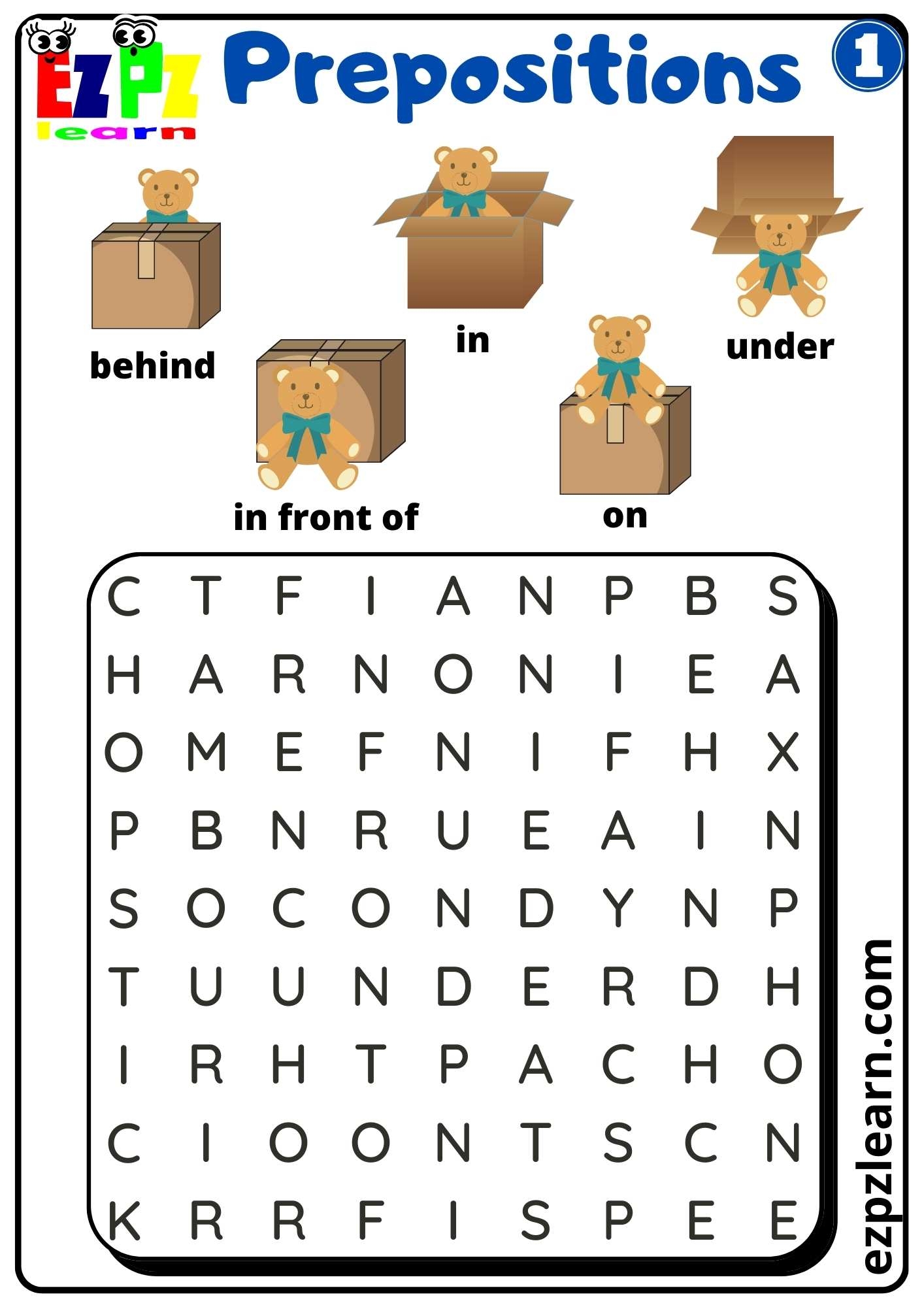 Prepositions Of Place Word Search Worksheet For Kindergarten K5 
