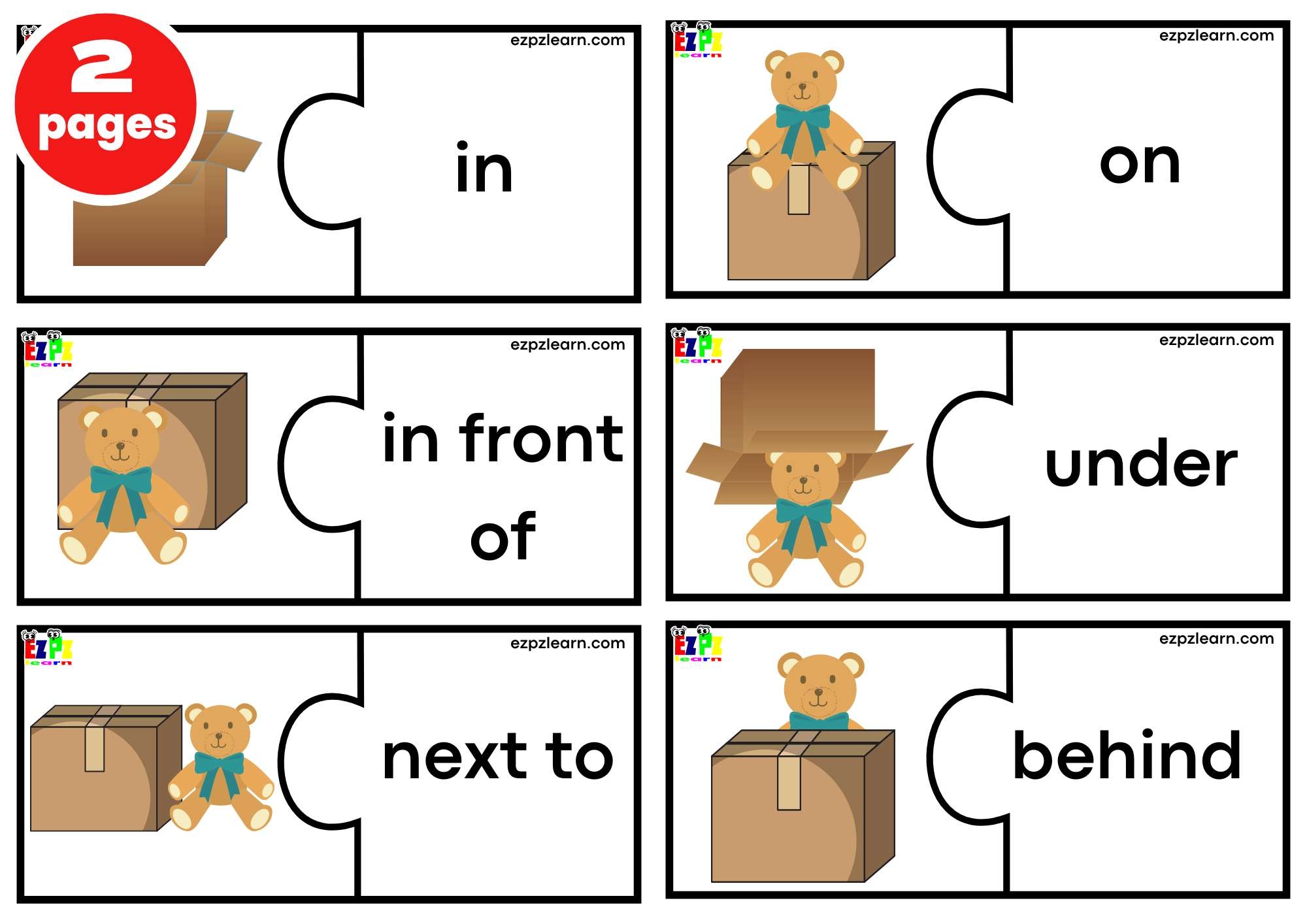 Prepositions Puzzle Match Game Large Size 6 Words Per Page Free 