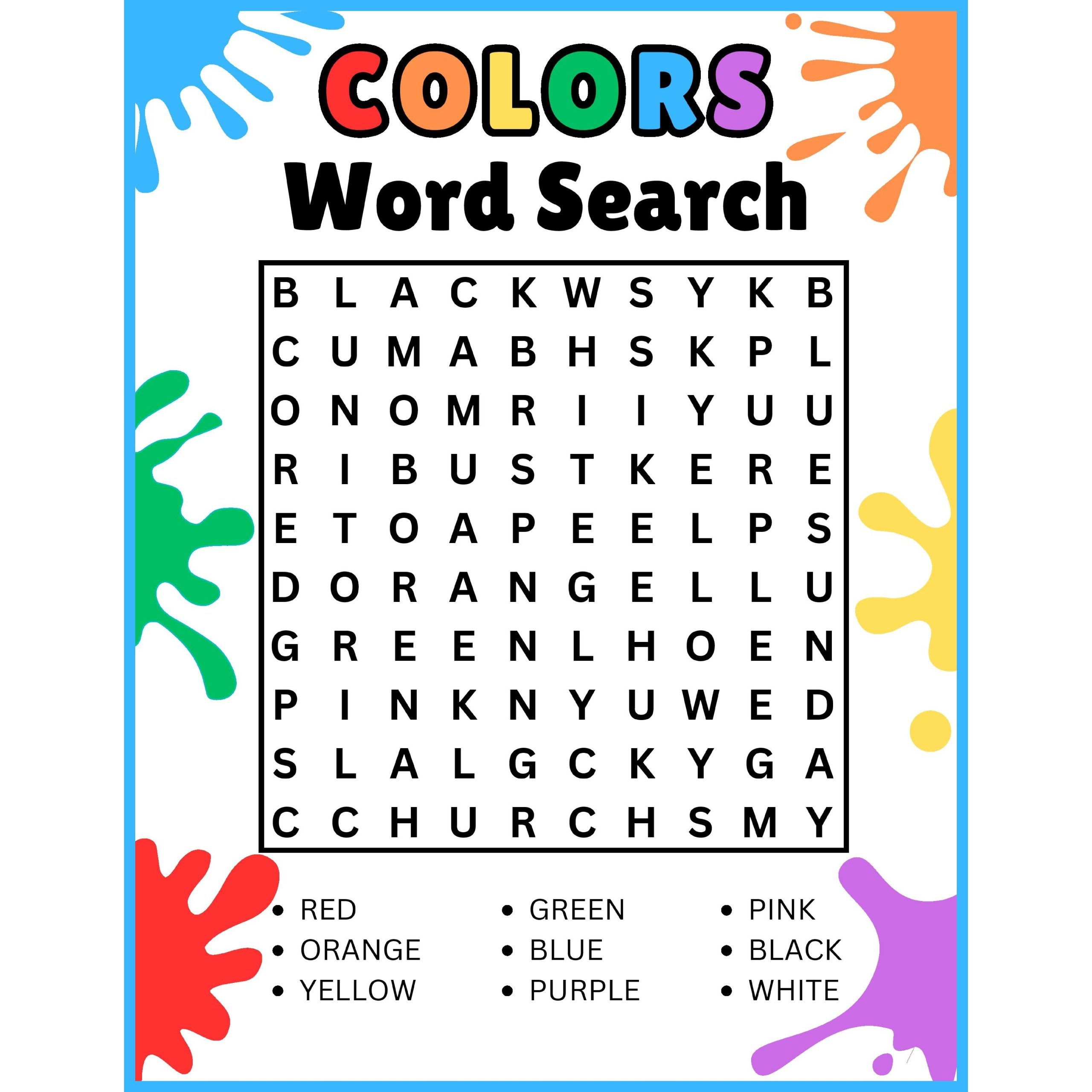 Preschool Kindergarten Colors Word Search Puzzle Worksheet 
