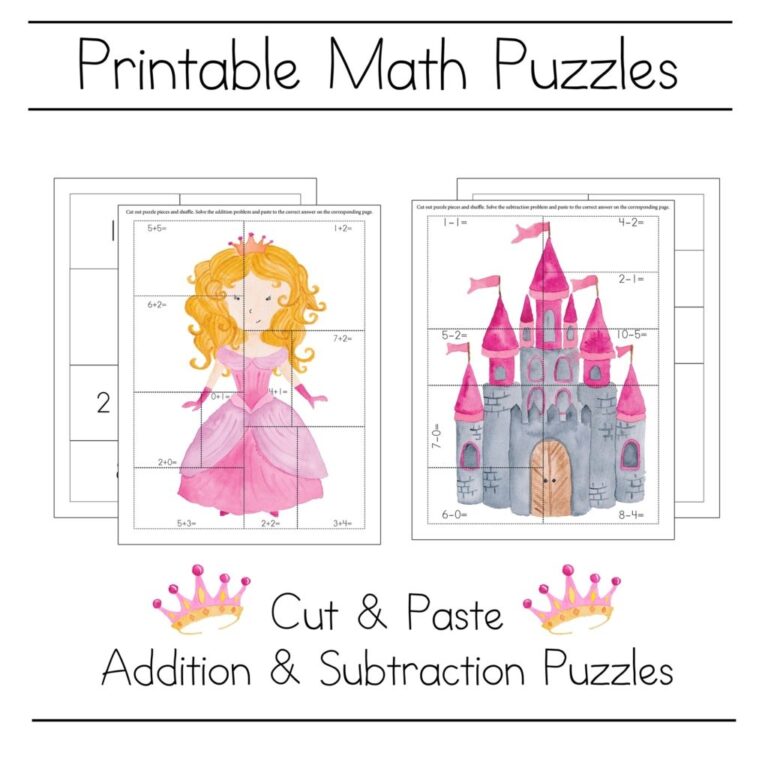 Princess Math Puzzle Worksheet For Kindergarten