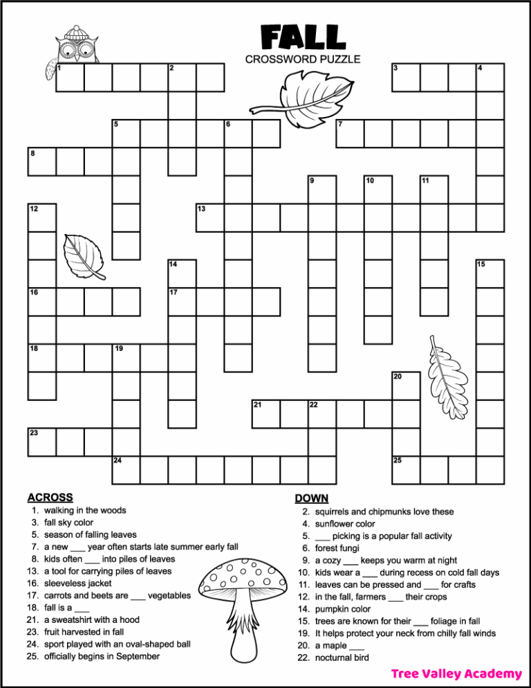 Printable 4th Grade Fall Crossword Puzzle Tree Valley Academy