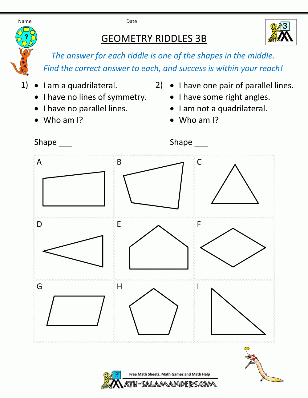 Printable Geometry Worksheets Riddles